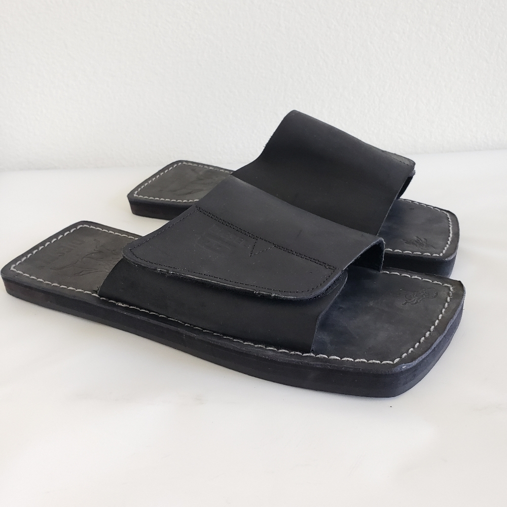 Deisel  RARE square toe black leather slip on sandals size 9